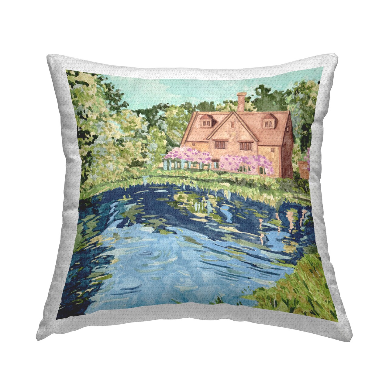 Floral Cottage & Lake Design by Melissa Wang Outdoor Printed Pillow